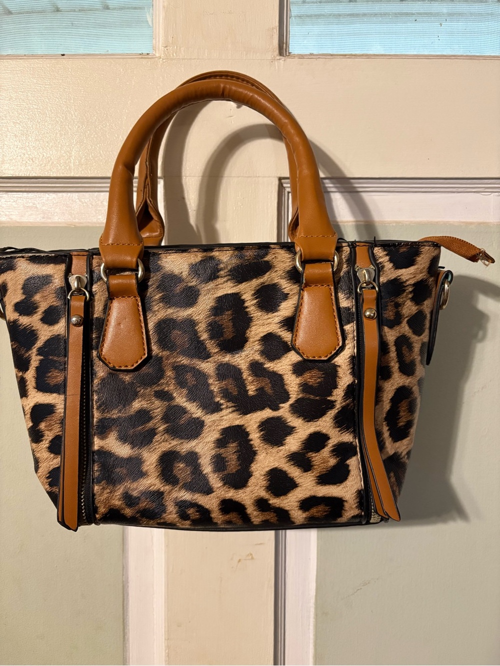 Leopard Print Satchel with Tan Trim - Chic Women's Handbag